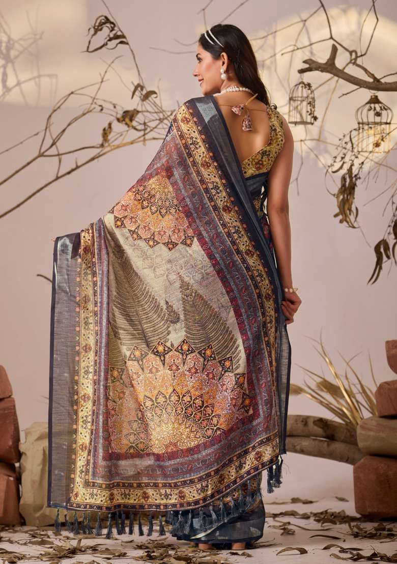 Multicolor Printed Premium Linen Cotton Saree Set for Diwali and Festive Wear - Indya
