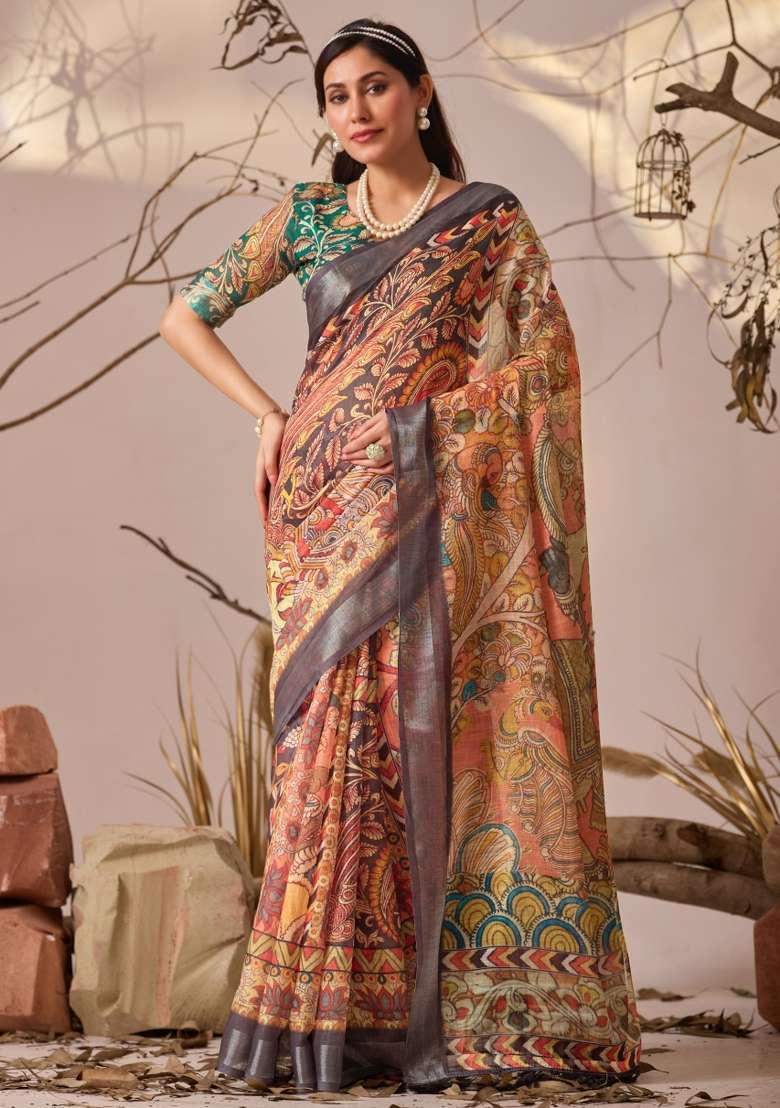 Multicolor Printed Premium Linen Cotton Saree Set for Diwali and Festive Wear - Indya