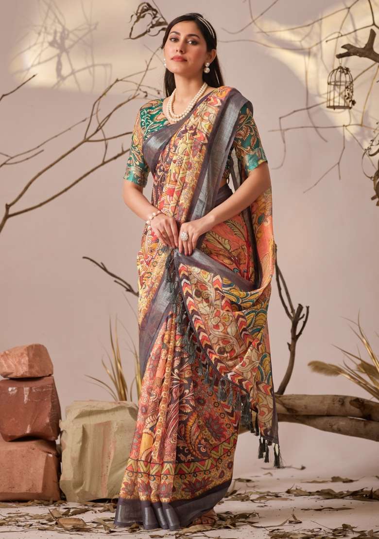 Multicolor Printed Premium Linen Cotton Saree Set for Diwali and Festive Wear - Indya