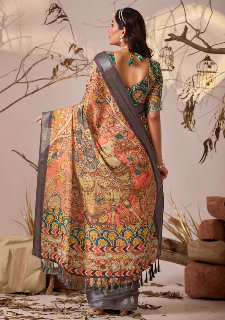 Multicolor Printed Premium Linen Cotton Saree Set for Diwali and Festive Wear - Indya