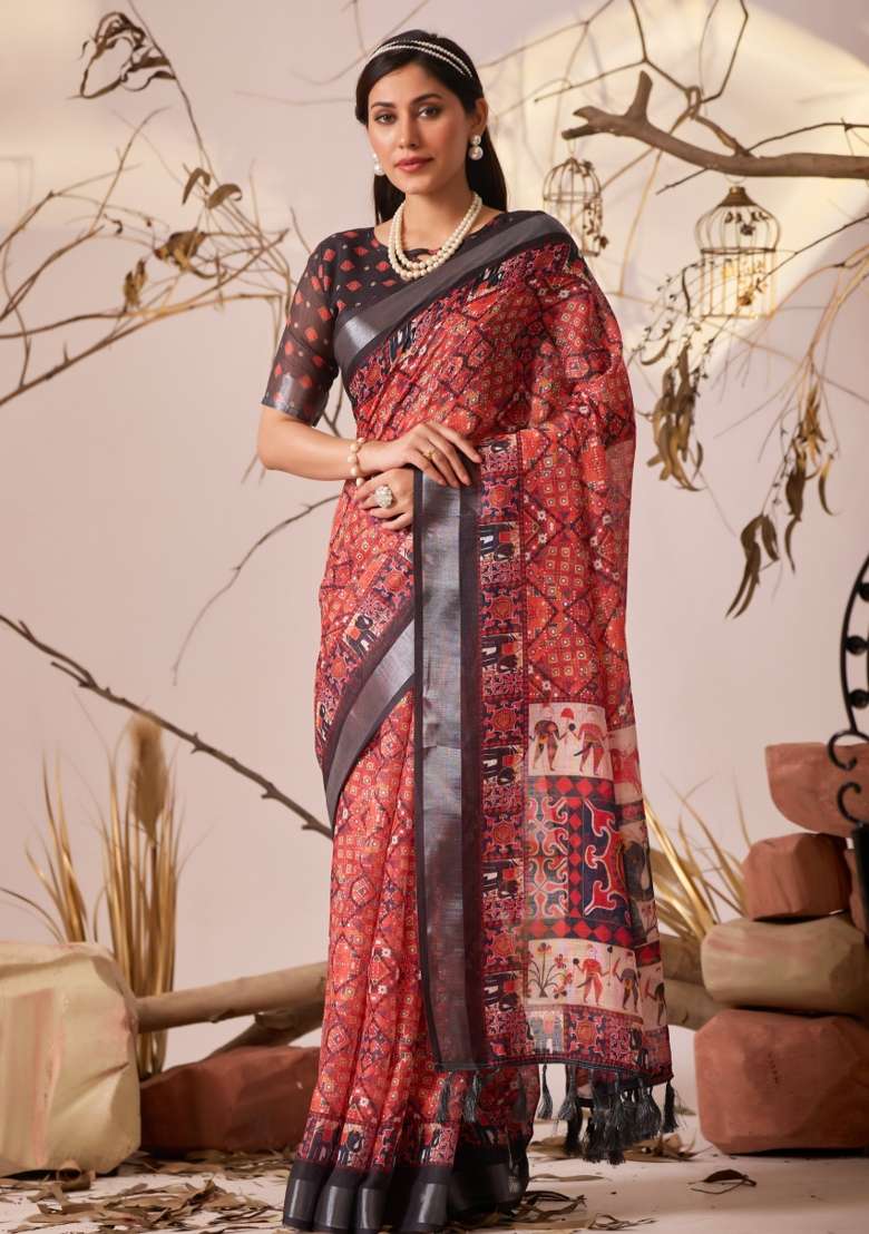 Red Premium Linen Cotton Saree Set with Printed for Diwali | Wedding & Festive Wear - Indya