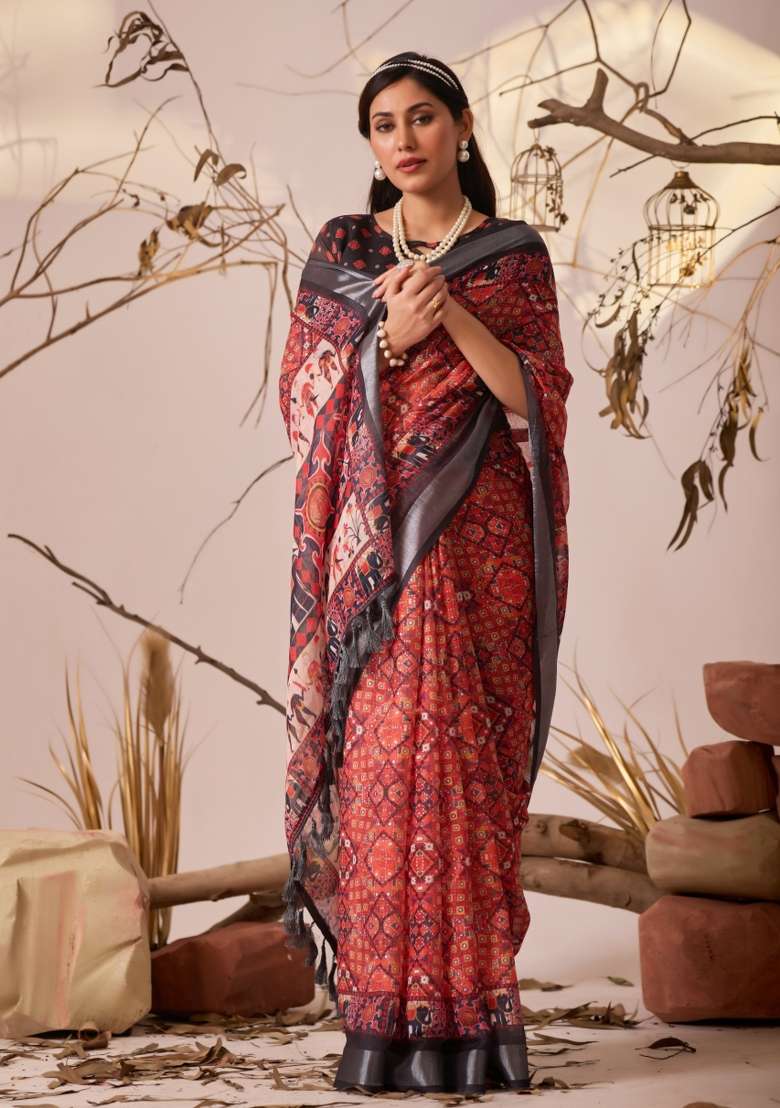 Red Premium Linen Cotton Saree Set with Printed for Diwali | Wedding & Festive Wear - Indya