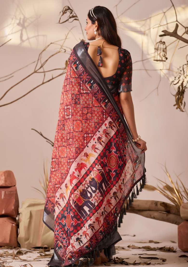Red Premium Linen Cotton Saree Set with Printed for Diwali | Wedding & Festive Wear - Indya