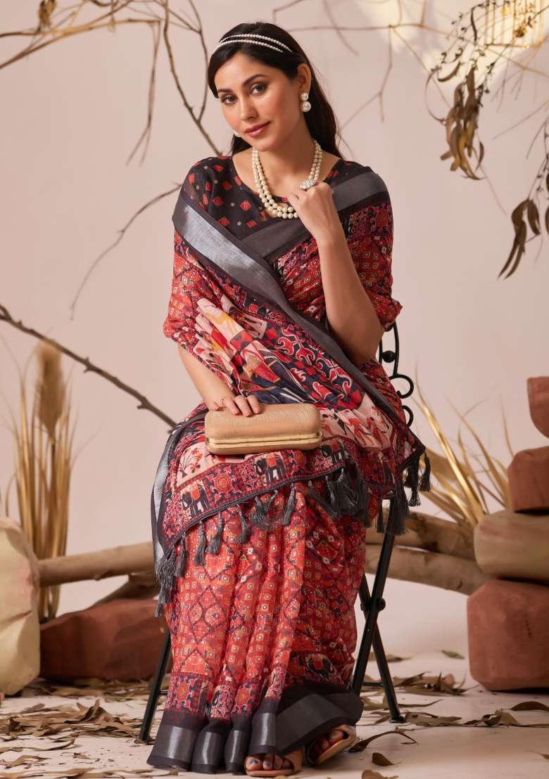 Red Premium Linen Cotton Saree Set with Printed for Diwali | Wedding & Festive Wear - Indya