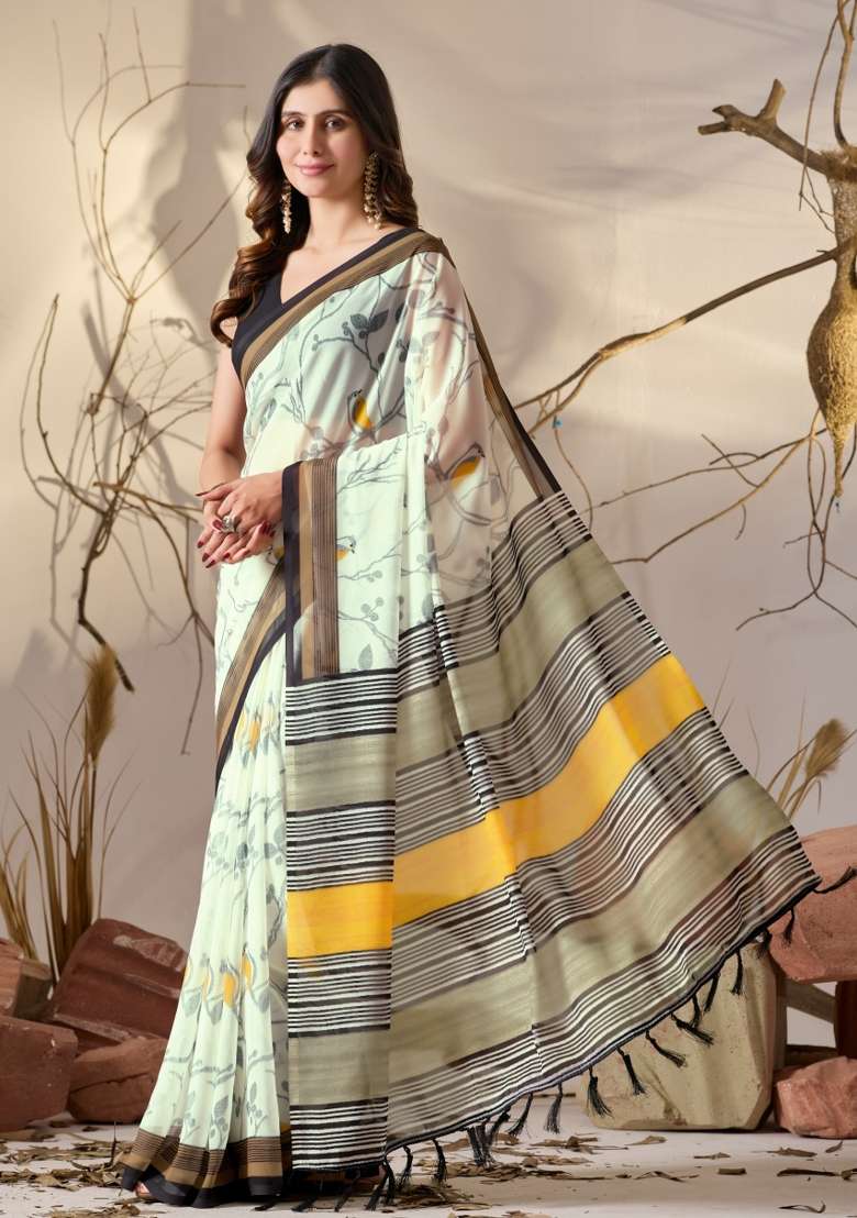 Off White Printed Soft Georgette Saree Set for Diwali and Festive Wear - Indya