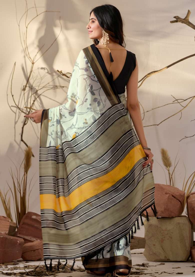 Off White Printed Soft Georgette Saree Set for Diwali and Festive Wear - Indya