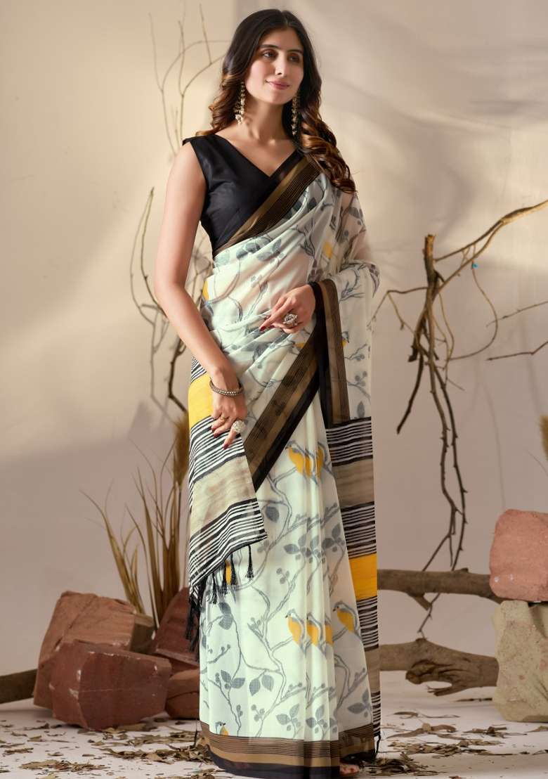 Off White Printed Soft Georgette Saree Set for Diwali and Festive Wear - Indya