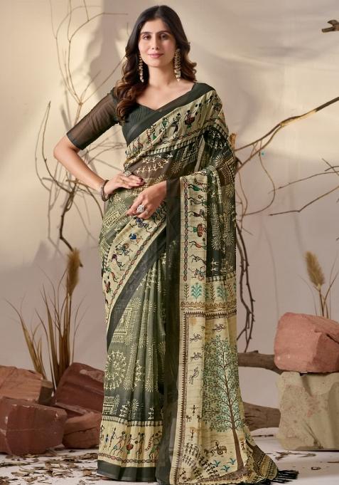 Olive Printed Soft Georgette Saree Set