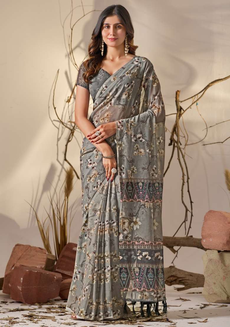 Grey Printed Soft Georgette Saree Set for Diwali and Festive Wear - Indya