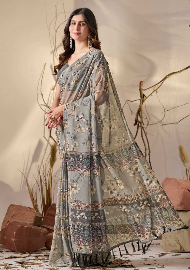 Grey Printed Soft Georgette Saree Set for Diwali and Festive Wear - Indya