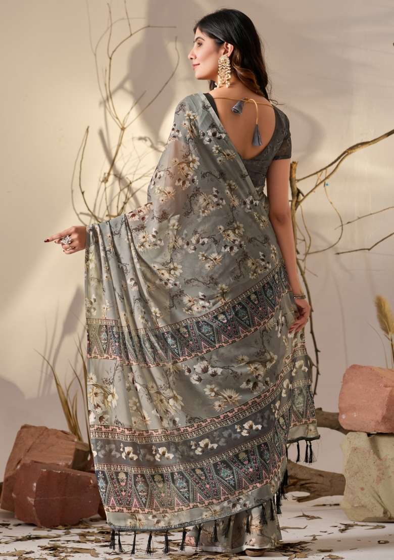 Grey Printed Soft Georgette Saree Set for Diwali and Festive Wear - Indya