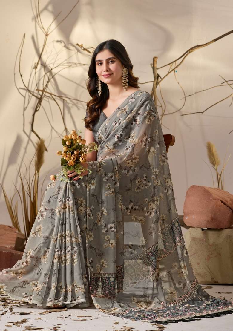 Grey Printed Soft Georgette Saree Set for Diwali and Festive Wear - Indya