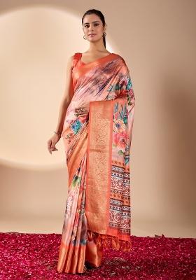Peach Printed Soft Lichi Silk Saree Set
