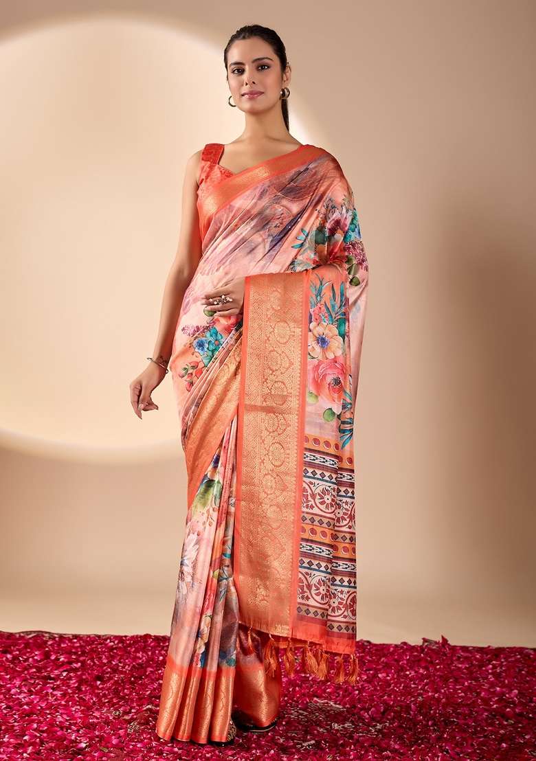 Peach Printed Soft Lichi Silk Blend Saree Set for Diwali and Festive Wear - Indya