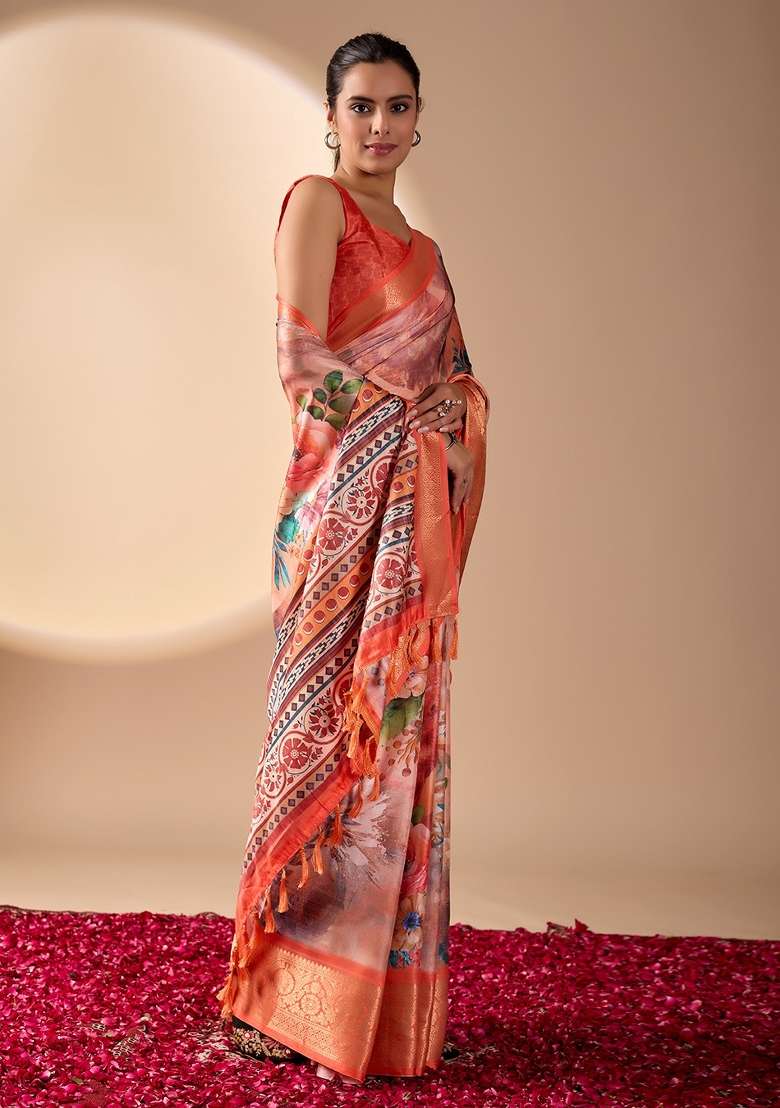 Peach Printed Soft Lichi Silk Blend Saree Set for Diwali and Festive Wear - Indya