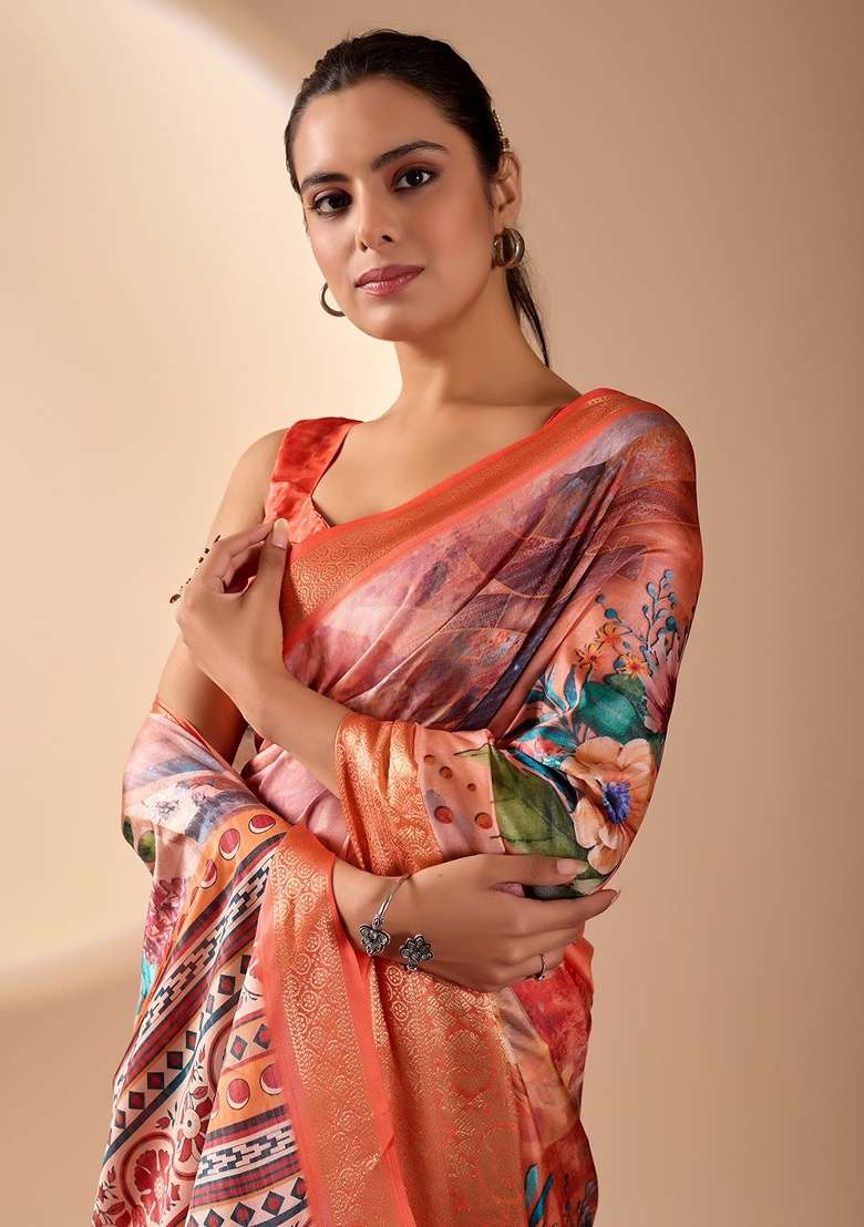 Peach Printed Soft Lichi Silk Blend Saree Set for Diwali and Festive Wear - Indya