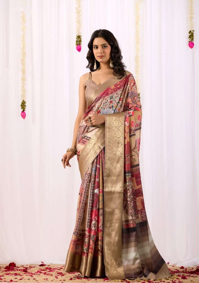 Multicolor Soft Lichi Silk Blend Saree Set with Printed for Diwali | Wedding & Festive Wear - Indya