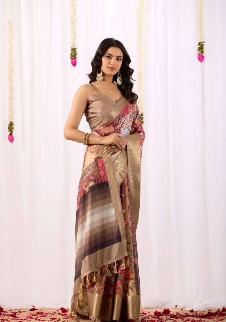 Multicolor Soft Lichi Silk Blend Saree Set with Printed for Diwali | Wedding & Festive Wear - Indya