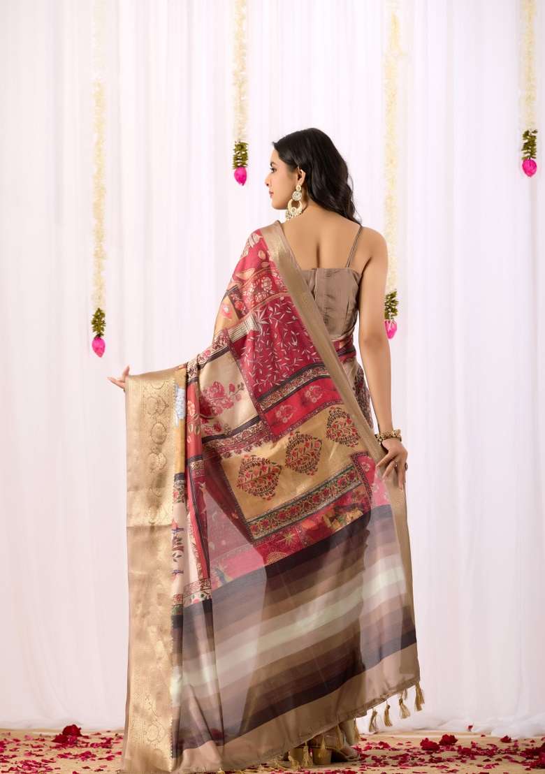Multicolor Soft Lichi Silk Blend Saree Set with Printed for Diwali | Wedding & Festive Wear - Indya