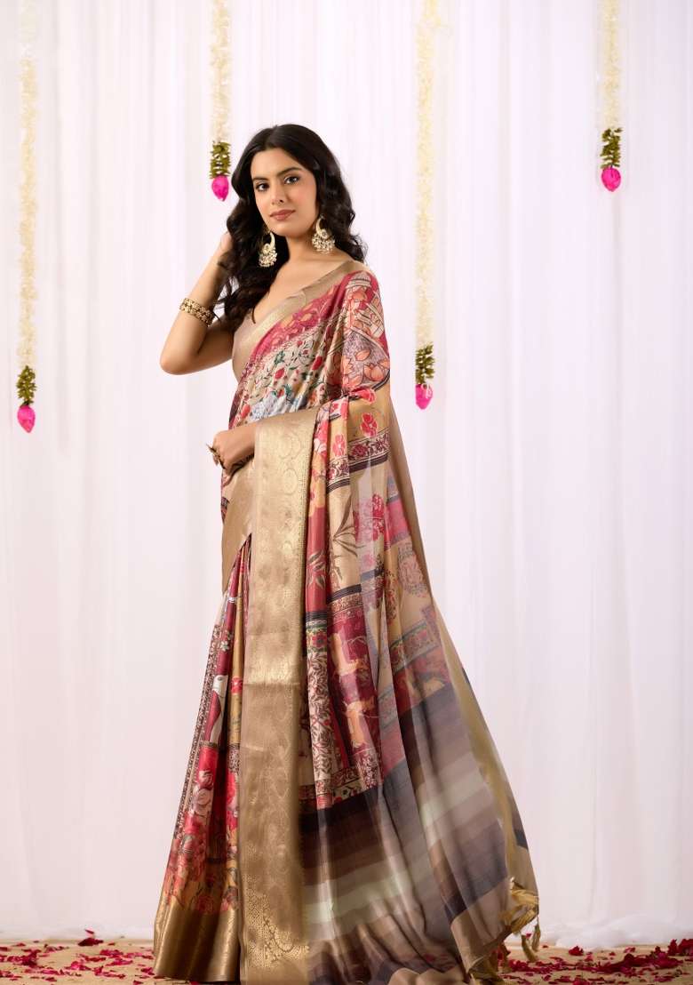 Multicolor Soft Lichi Silk Blend Saree Set with Printed for Diwali | Wedding & Festive Wear - Indya
