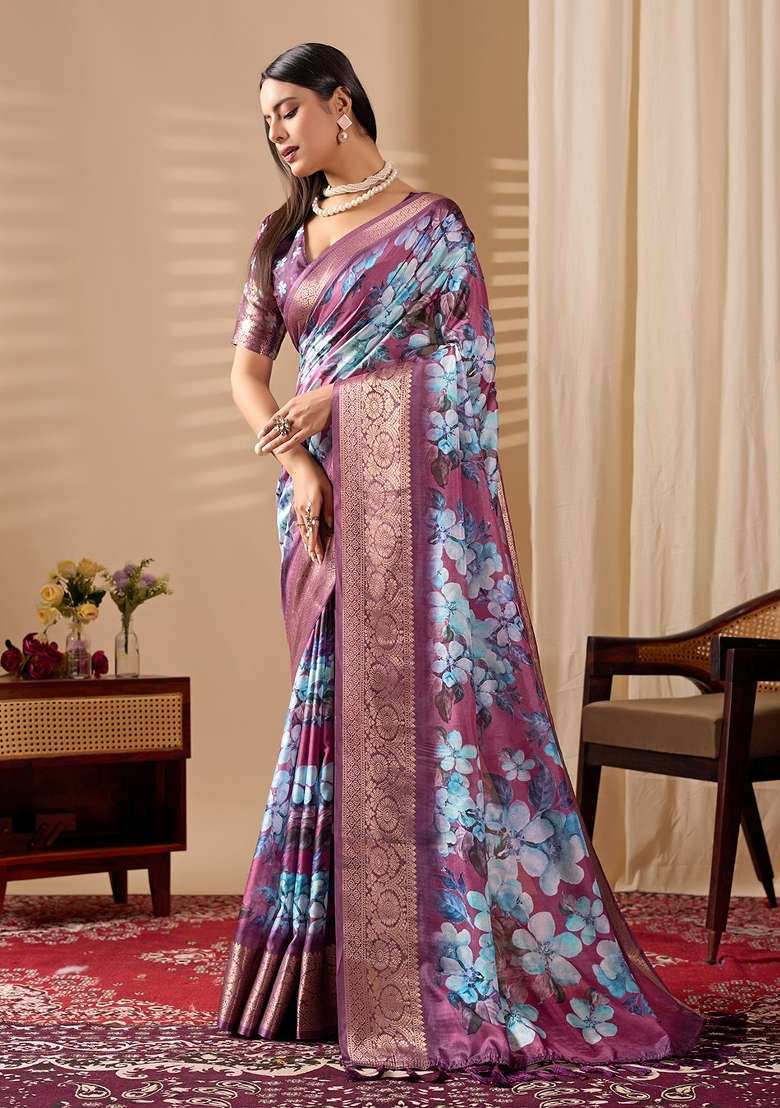 Wine Printed Soft Lichi Silk Blend Saree Set for Diwali and Festive Wear - Indya