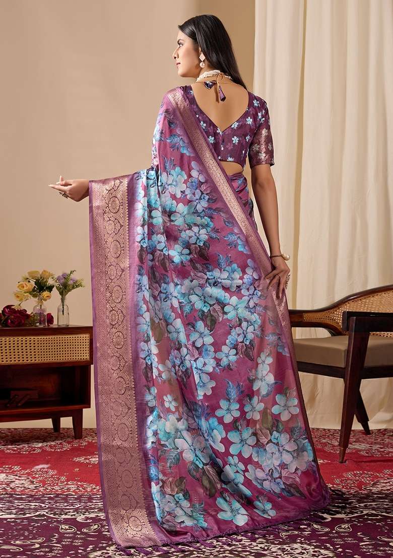 Wine Printed Soft Lichi Silk Blend Saree Set for Diwali and Festive Wear - Indya