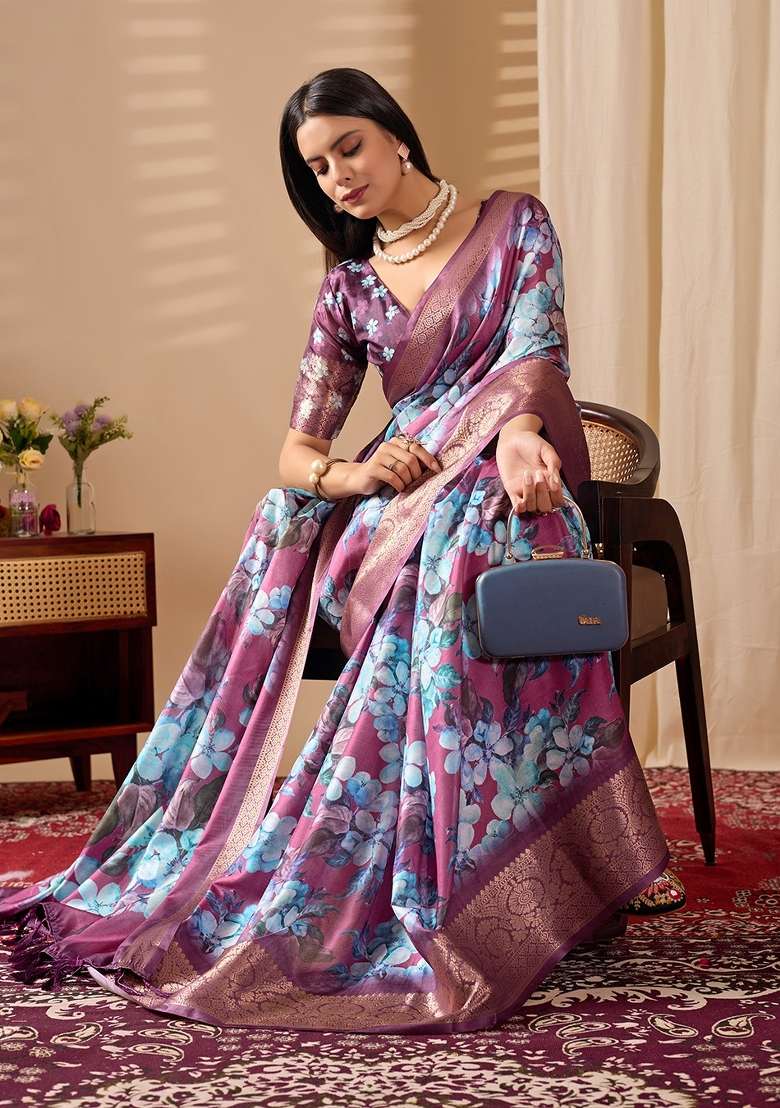 Wine Printed Soft Lichi Silk Blend Saree Set for Diwali and Festive Wear - Indya