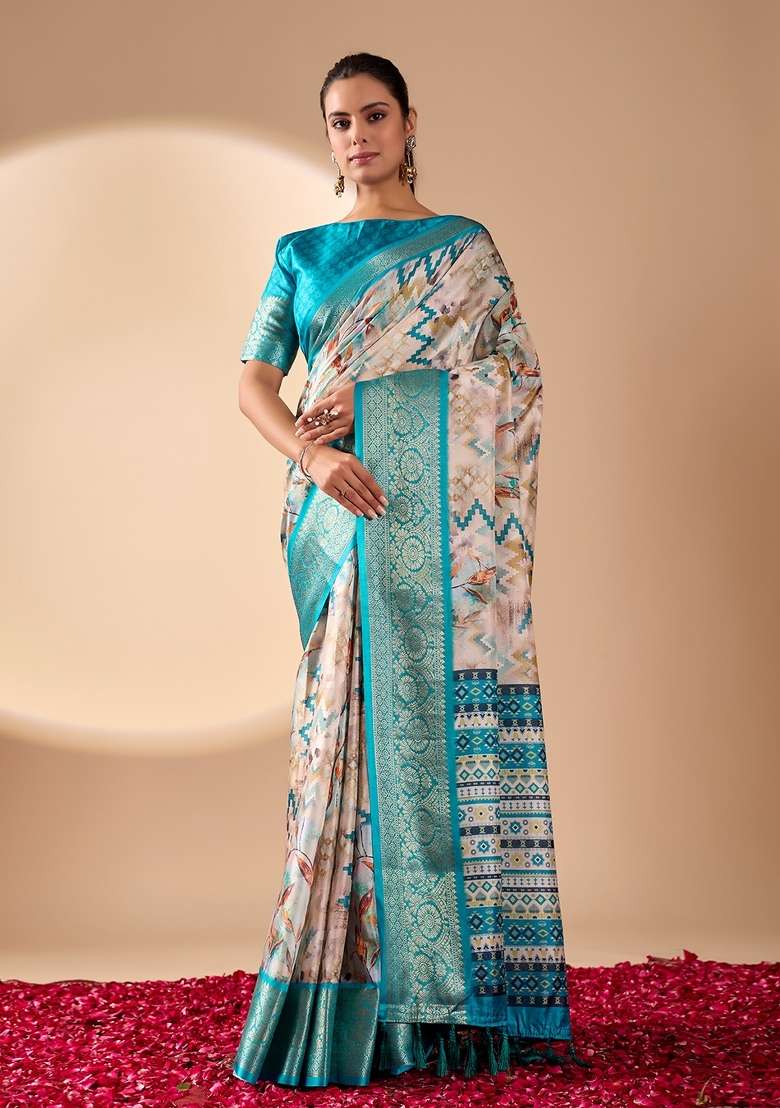 Cream Printed Soft Lichi Silk Blend Saree Set for Diwali and Festive Wear - Indya