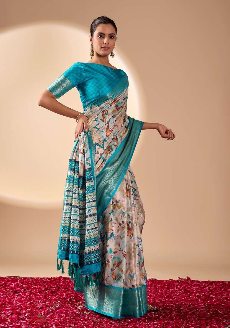 Cream Printed Soft Lichi Silk Blend Saree Set for Diwali and Festive Wear - Indya