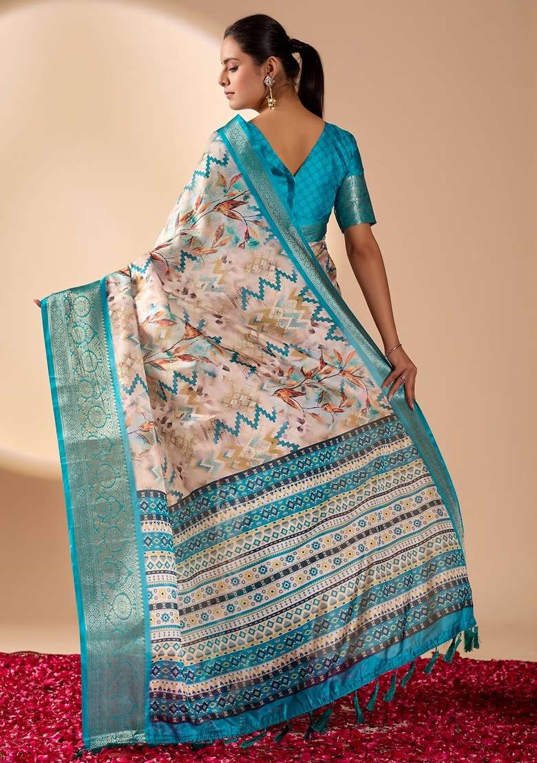 Cream Printed Soft Lichi Silk Blend Saree Set for Diwali and Festive Wear - Indya