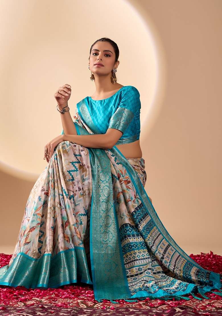 Cream Printed Soft Lichi Silk Blend Saree Set for Diwali and Festive Wear - Indya