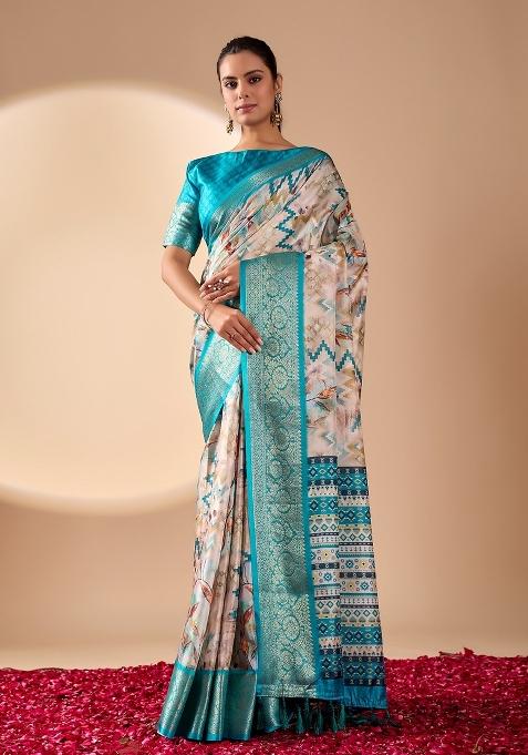 Cream Printed Soft Lichi Silk Saree Set