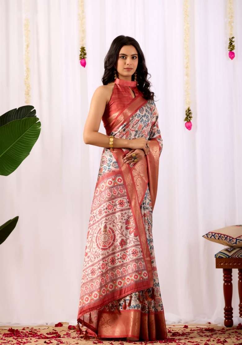 Off White Printed Soft Lichi Silk Blend Saree Set for Diwali and Festive Wear - Indya