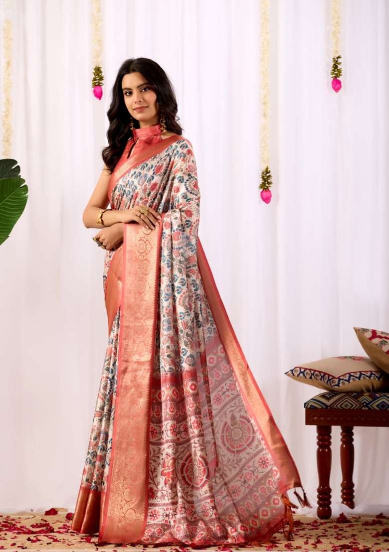 Off White Printed Soft Lichi Silk Blend Saree Set for Diwali and Festive Wear - Indya