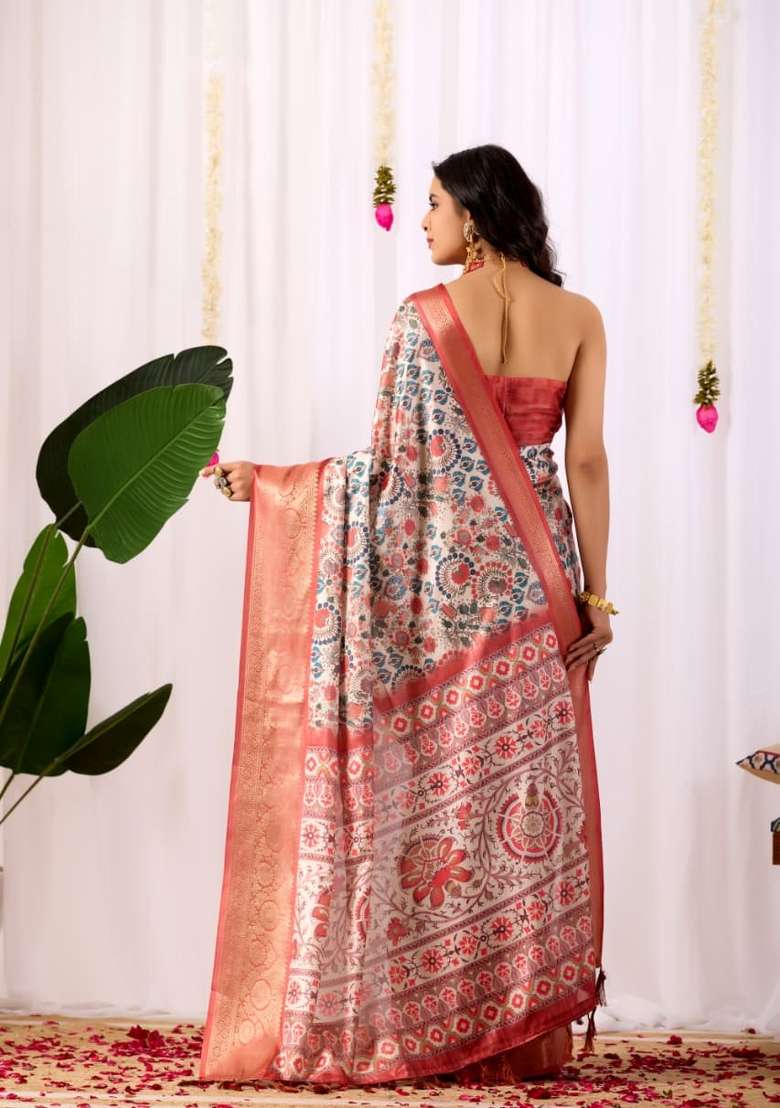 Off White Printed Soft Lichi Silk Blend Saree Set for Diwali and Festive Wear - Indya