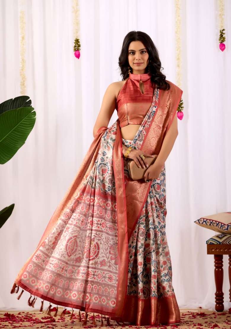 Off White Printed Soft Lichi Silk Blend Saree Set for Diwali and Festive Wear - Indya