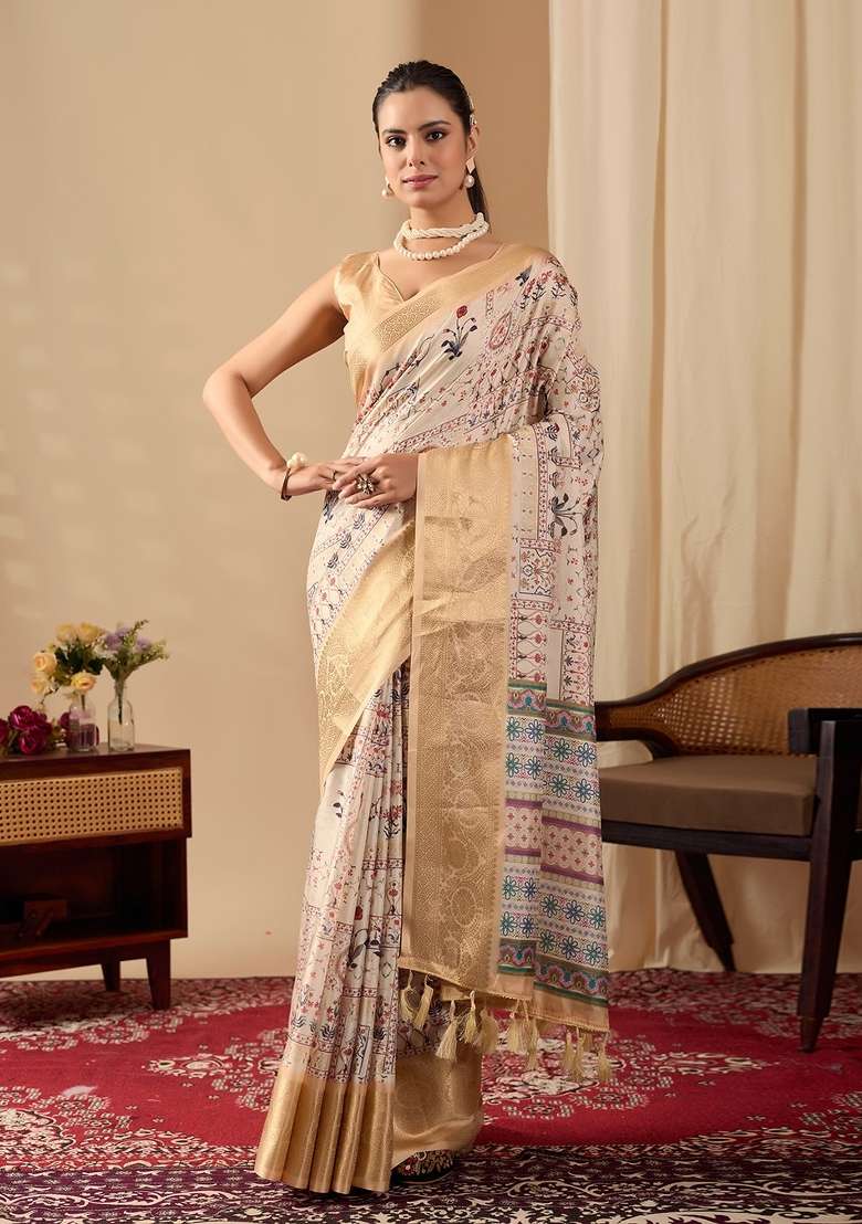 Cream Printed Soft Lichi Silk Blend Saree Set for Diwali and Festive Wear - Indya