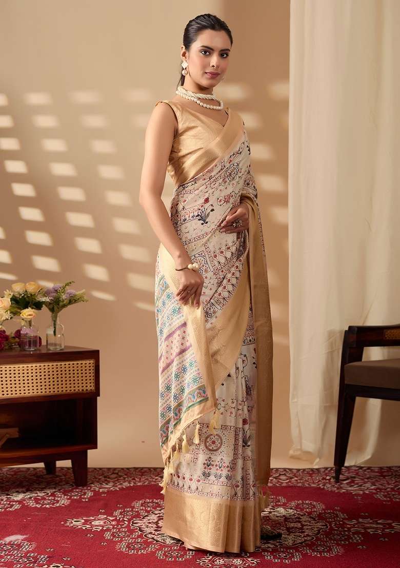 Cream Printed Soft Lichi Silk Blend Saree Set for Diwali and Festive Wear - Indya