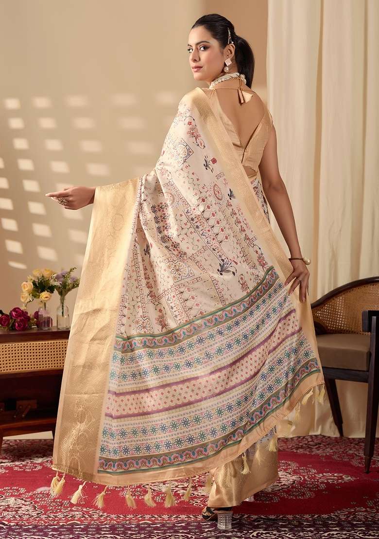 Cream Printed Soft Lichi Silk Blend Saree Set for Diwali and Festive Wear - Indya