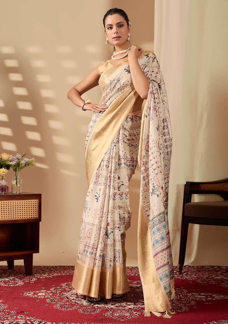 Cream Printed Soft Lichi Silk Blend Saree Set for Diwali and Festive Wear - Indya