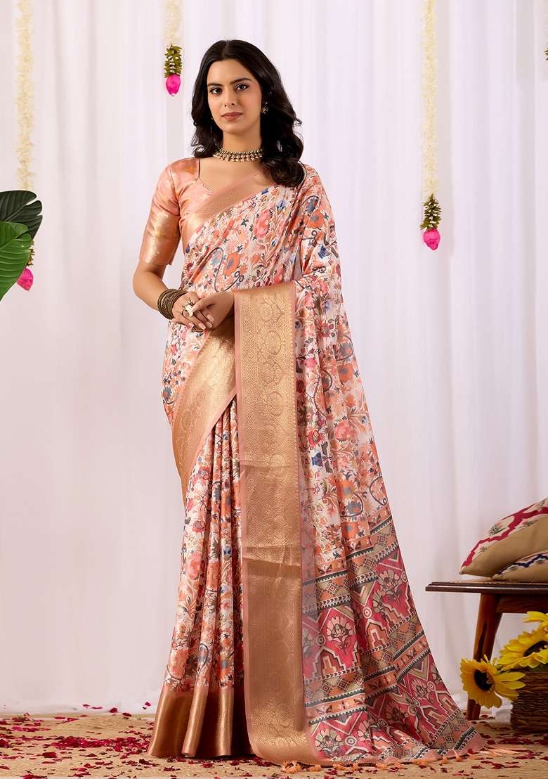 Multicolor Printed Soft Lichi Silk Blend Saree Set for Diwali and Festive Wear - Indya