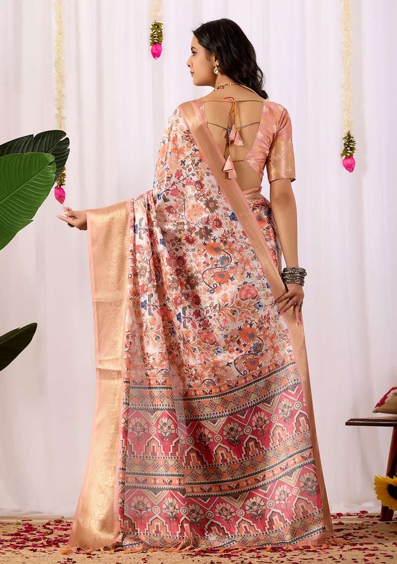 Multicolor Printed Soft Lichi Silk Blend Saree Set for Diwali and Festive Wear - Indya