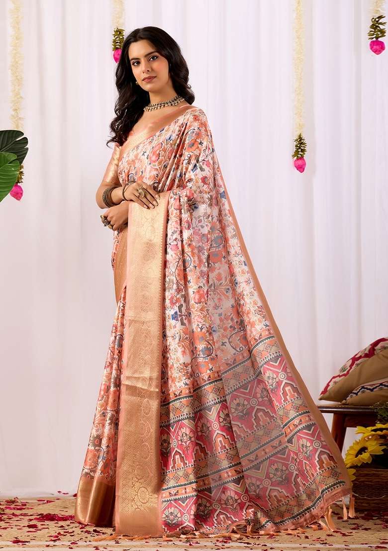 Multicolor Printed Soft Lichi Silk Blend Saree Set for Diwali and Festive Wear - Indya