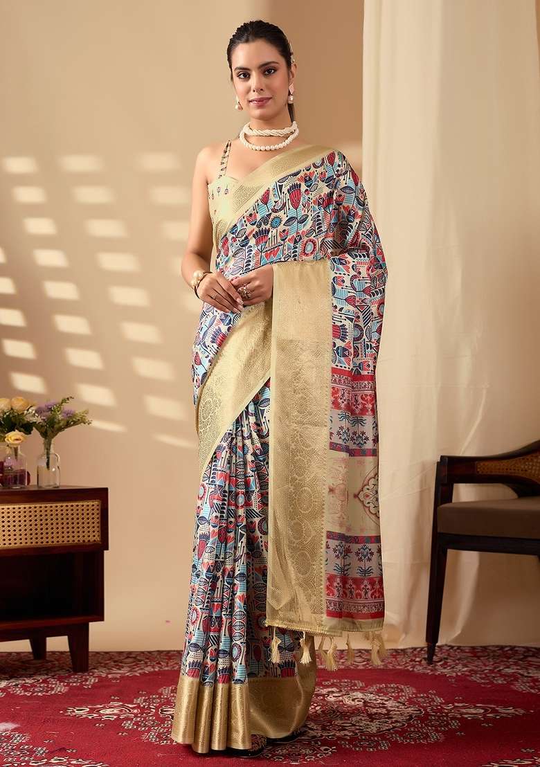 Multicolor Printed Soft Lichi Silk Blend Saree Set for Diwali and Festive Wear - Indya