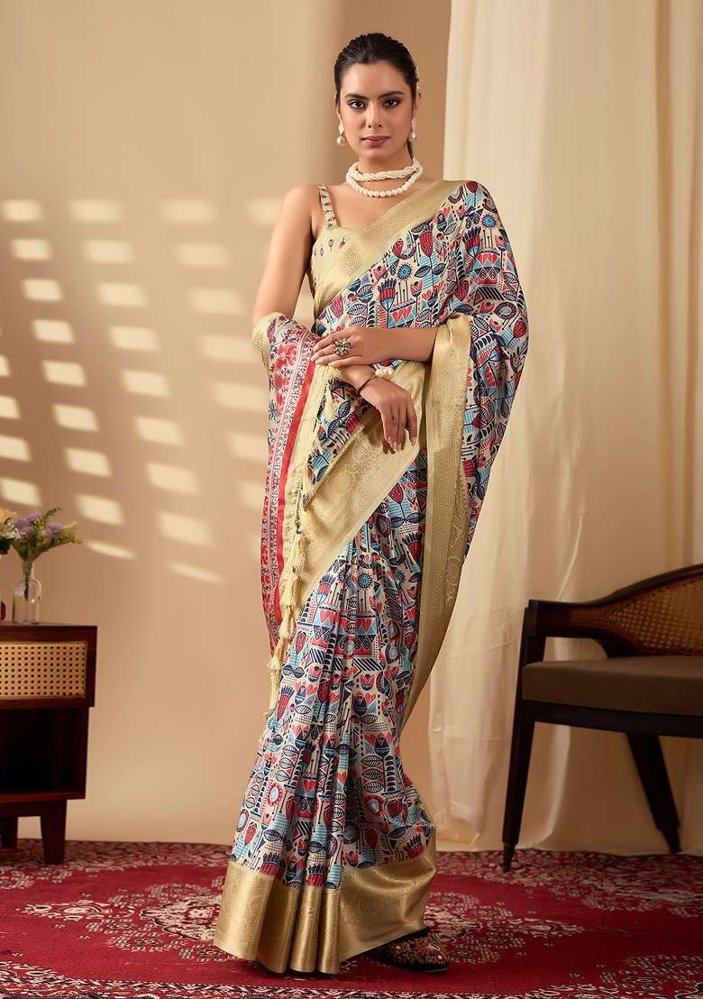 Multicolor Printed Soft Lichi Silk Blend Saree Set for Diwali and Festive Wear - Indya