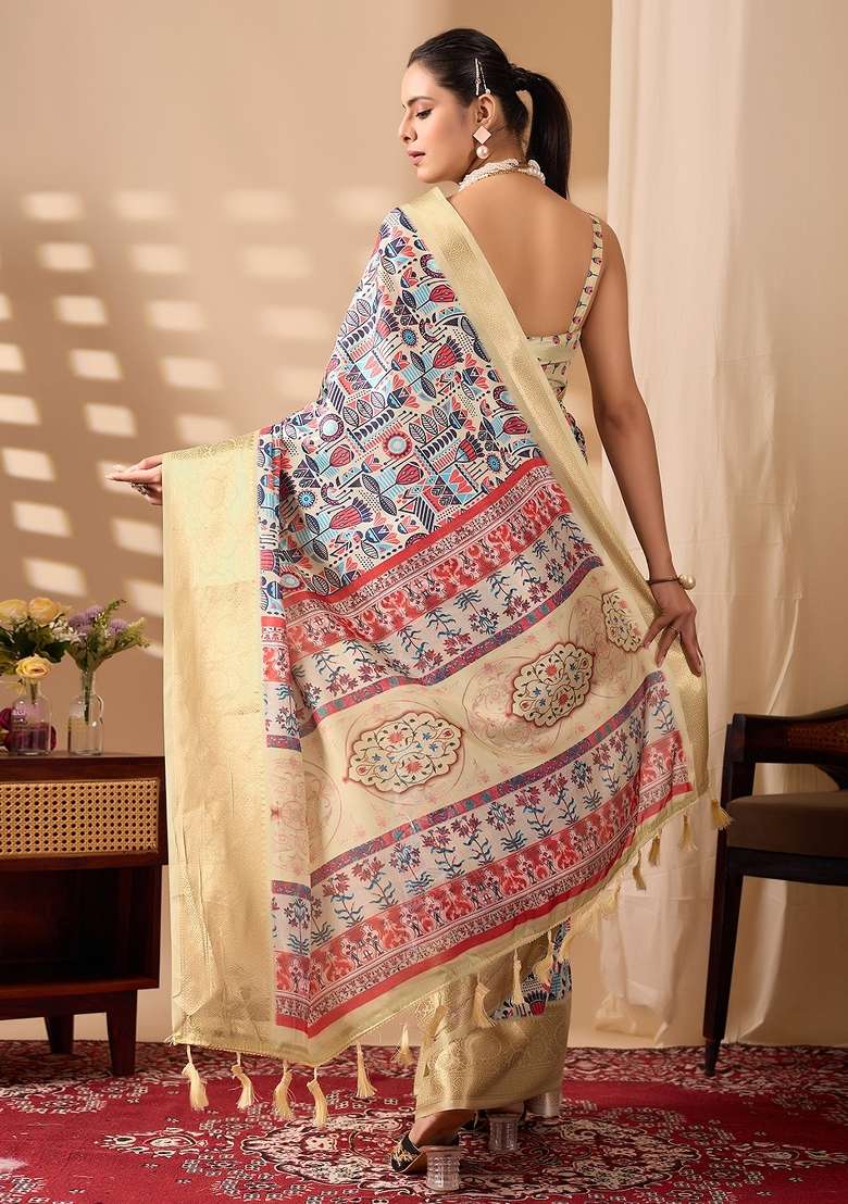 Multicolor Printed Soft Lichi Silk Blend Saree Set for Diwali and Festive Wear - Indya