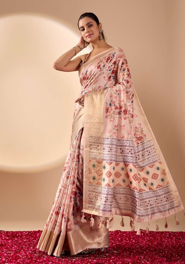 Peach Soft Lichi Silk Blend Saree Set with Printed for Diwali | Wedding & Festive Wear - Indya