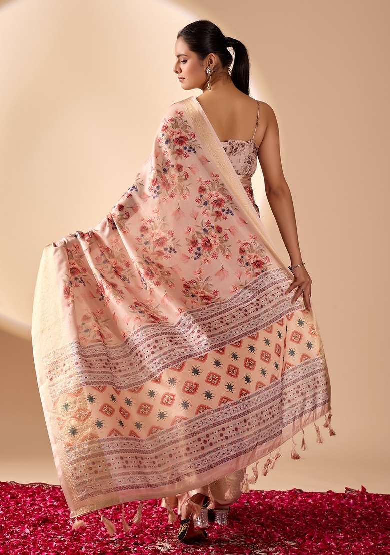 Peach Soft Lichi Silk Blend Saree Set with Printed for Diwali | Wedding & Festive Wear - Indya