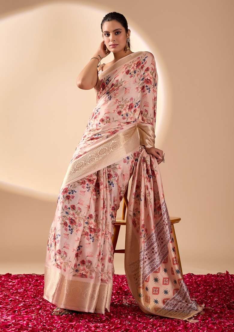 Peach Soft Lichi Silk Blend Saree Set with Printed for Diwali | Wedding & Festive Wear - Indya