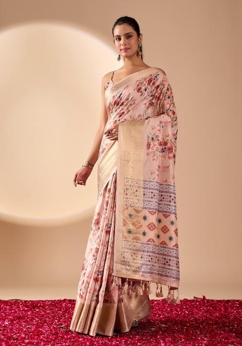 Peach Printed Soft Lichi Silk Saree Set